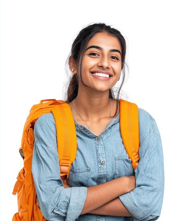 Young indian girl backpack happy smiling.